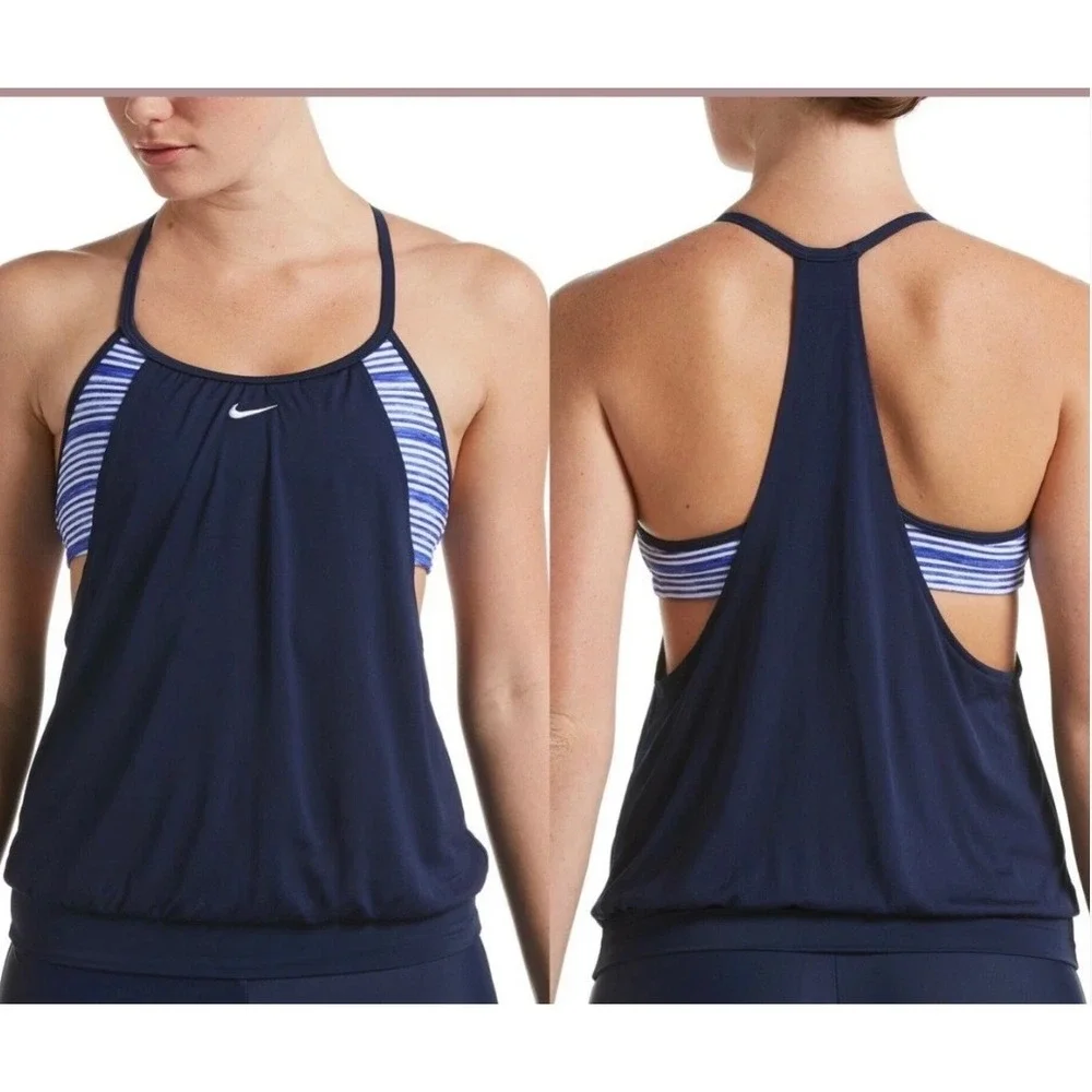 NWT Nike Womens Swim Tankini Top S Navy Blue Striped 2-in-1 Racerback‎ Vacation